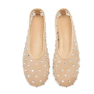 Arqa Crystal-Embellished Mesh Flats Rhinestone Ballet Flat Slip On Ballerina Shoes Comfortable Casual Gauze Shoe Beige Size 9