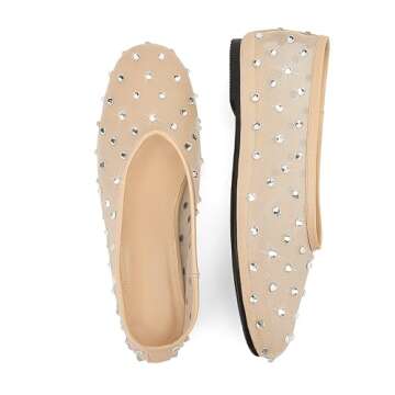 Arqa Crystal-Embellished Mesh Flats Rhinestone Ballet Flat Slip On Ballerina Shoes Comfortable Casual Gauze Shoe Beige Size 9