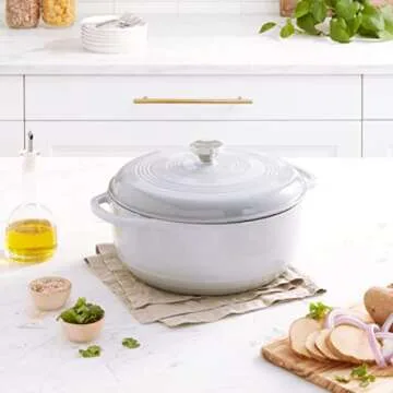 Lodge 7.5 Quart Enameled Cast Iron Dutch Oven with Lid – Dual Handles – Oven Safe up to 500° F or on Stovetop - Use to Marinate, Cook, Bake, Refrigerate and Serve –Gray