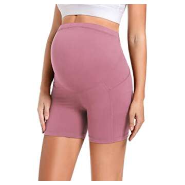 Foucome Women's Maternity Biker Shorts Stretchy Yoga Shorts Over the Belly 5" Workout Running Athletic Shorts Pants (Lilac Pink, Large)