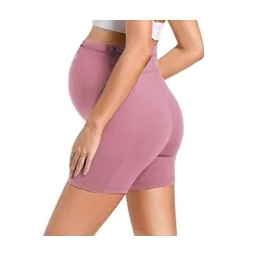 Foucome Women's Maternity Biker Shorts Stretchy Yoga Shorts Over the Belly 5" Workout Running Athletic Shorts Pants (Lilac Pink, Large)