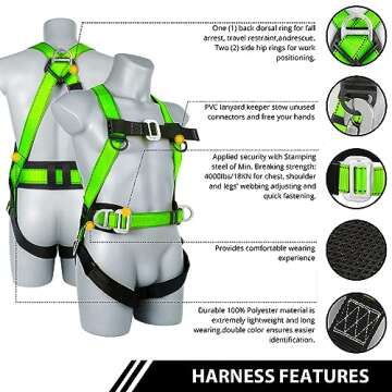 TT TRSMIMA Safety Harness Fall Protection Kit: Full Body Roofing harnesses with Shock Absorbing Lanyard - Updated Comfortable Waist Pad