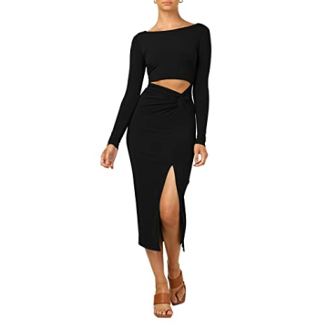LYANER Women's Scoop Neck Long Sleeve Bodycon Midi Dress