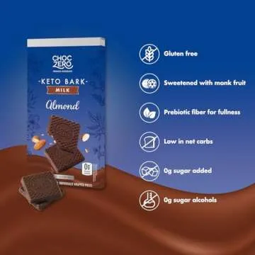 ChocZero Keto Bark, Milk Chocolate Almond Candy, No Added Sugar, Low Carb, No Sugar Alcohols, No Artificial Sweeteners, 3.2 Ounce (Pack of 4)