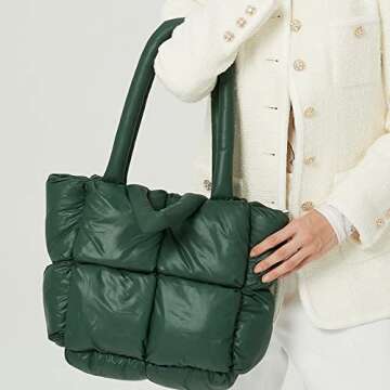 Puffer Tote Bag, Trendy Luxury Chic Quilted Large Padded Designer Handbags for Women Cotton Winter Soft Shoulder Bag for Women (Black)