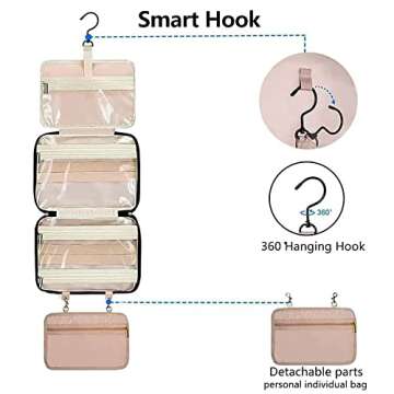 Hanging Travel Toiletry Bag for Women, Large Capacity Folding Toiletries Organizer, Portable Waterproof Cosmetic Bag, Full Size Travel Makeup Bag with 4 in 1 detachable Compartments & Sturdy Hook