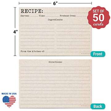321Done Recipe Cards (Set of 50) 4" x 6" - Typewriter Rustic Kraft Tan Vintage - From the Kitchen Of - Large Double-Sided - Made in USA - Unisex Minimalist