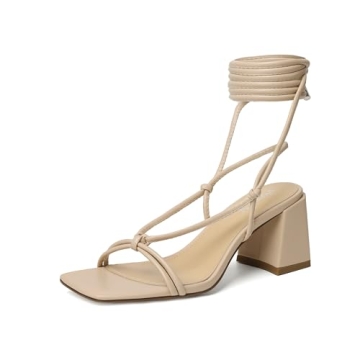 Vivianly Women's Lace Up Chunky Heel Sandals - Strappy Ankle Wrap Heels in Nude Size 7