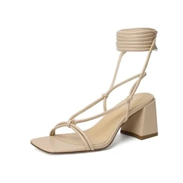 Vivianly Women's Lace Up Chunky Heel Sandals - Strappy Ankle Wrap Heels in Nude Size 7
