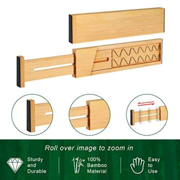 4 Pack Bamboo Drawer Dividers, Adjustable Length from 12 Inch to 17 Inch, Expandable Kitchen Drawer ...