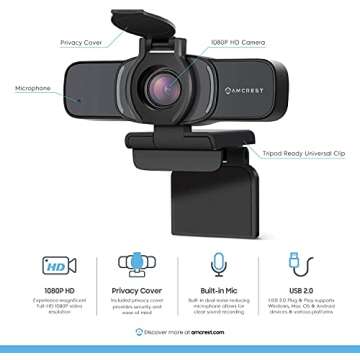 Amcrest 1080P Webcam with Microphone & Privacy Cover, Web Cam USB Camera, Computer HD Streaming Webcam for PC Desktop & Laptop w/Mic, Wide Angle Lens & Large Sensor for Superior Low Light (AWC201-B)
