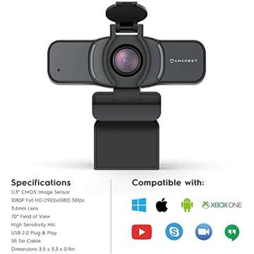 Amcrest 1080P Webcam with Microphone & Privacy Cover, Web Cam USB Camera, Computer HD Streaming Webcam for PC Desktop & Laptop w/Mic, Wide Angle Lens & Large Sensor for Superior Low Light (AWC201-B)