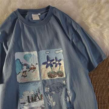 Women Vintage Short Sleeve T-Shirt Summer Print Oversized Tee Harajuku Japenese Streetwear Aesthetic Indie Pullover Top (Grey and Blue,XL)