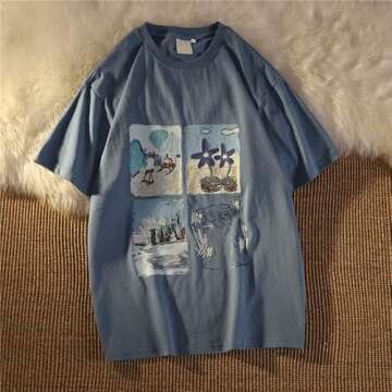 Women Vintage Short Sleeve T-Shirt Summer Print Oversized Tee Harajuku Japenese Streetwear Aesthetic Indie Pullover Top (Grey and Blue,XL)