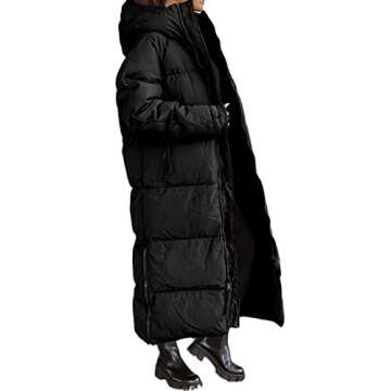Shanfetl Women Long Quilted Coat Hooded Maxi Length Long Sleeve Puffer Jacket Padded Coat Winter Outerwear Black