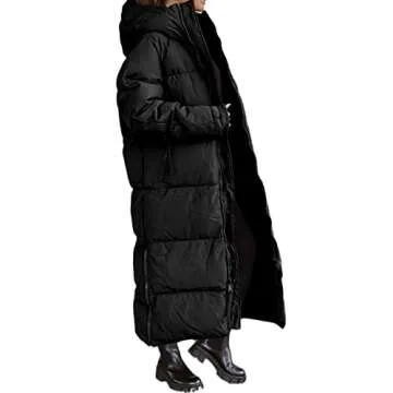 Shanfetl Women Long Quilted Coat Hooded Maxi Length Long Sleeve Puffer Jacket Padded Coat Winter Outerwear Black