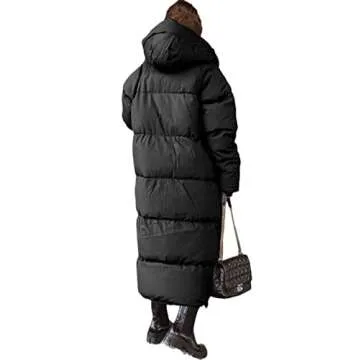 Shanfetl Women Long Quilted Coat Hooded Maxi Length Long Sleeve Puffer Jacket Padded Coat Winter Outerwear Black