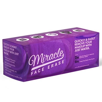 Miracle FACE ERASE Makeup Remover Cloth 2-Pack – Reusable Microfiber Face Cloths with 6 Hair Ties – Use With Water – Washable, Sensitive Skin Friendly Makeup Eraser (2 Count, Purple)