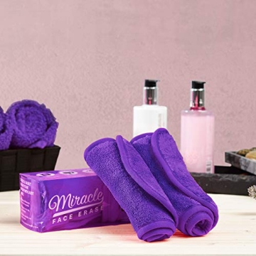 Miracle FACE ERASE Makeup Remover Cloth 2-Pack – Reusable Microfiber Face Cloths with 6 Hair Ties – Use With Water – Washable, Sensitive Skin Friendly Makeup Eraser (2 Count, Purple)