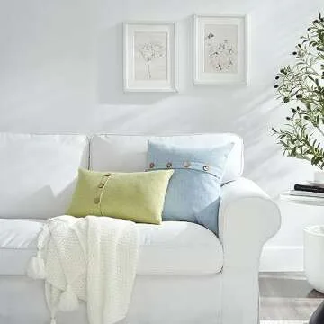 Meekio Set of 2 Light Blue Square Pillow Covers 18 x 18 Farmhouse Linen Pillow Covers with Coconut Buttons for Sofa Couch Living Room Bedroom Farmhouse Décor for The Home Housewarming Gifts