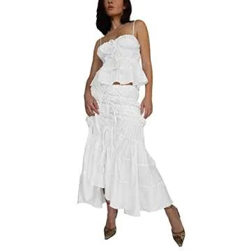 Women Two Piece Maxi Skirt Set Y2K Cami Crop Top and Long Skirt Set Sexy Party Cocktail Floral Maxi Skirt Set (White-Ruched, S)
