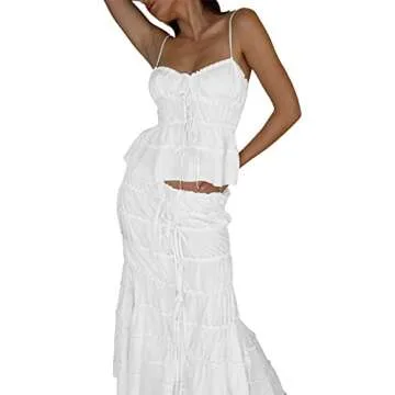 Women Two Piece Maxi Skirt Set Y2K Cami Crop Top and Long Skirt Set Sexy Party Cocktail Floral Maxi Skirt Set (White-Ruched, S)