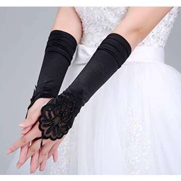 Women's Long Satin Fingerless Bridal Gloves Stretch Dull Matte Satin Wedding Accessory (One size, Black)