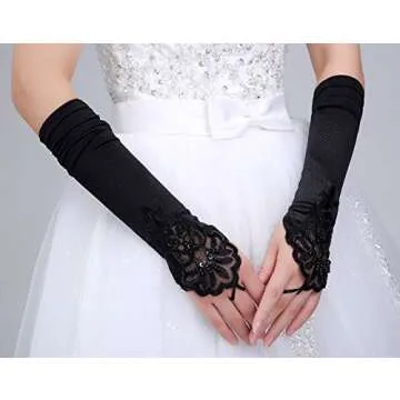 Women's Long Satin Fingerless Bridal Gloves Stretch Dull Matte Satin Wedding Accessory (One size, Black)