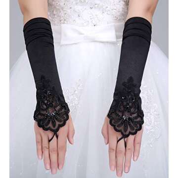 Women's Long Satin Fingerless Bridal Gloves Stretch Dull Matte Satin Wedding Accessory (One size, Black)