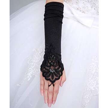 Women's Long Satin Fingerless Bridal Gloves Stretch Dull Matte Satin Wedding Accessory (One size, Black)