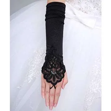 Women's Long Satin Fingerless Bridal Gloves Stretch Dull Matte Satin Wedding Accessory (One size, Black)