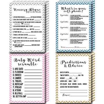 We The Party BabyShower Games Featuring 25 of Each Game: Baby Word Scramble | What's in Your Cell Phone | Nursery Rhyme Game | PREDICTIONS and Advice | Baby Shower Games for Boy or Girl