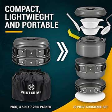 Winterial Camping Cookware and Pot Set, 10 Piece Set for Camping, Backpacking, Hiking, Trekking