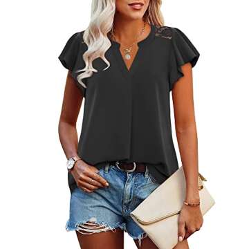 Gaharu Chiffon Shirt Blouse, Women's Stylish Flutter Sleeve Lace Top Pleated Casual Solid Color Tunic Fitted V Neck T Shirts Black,L