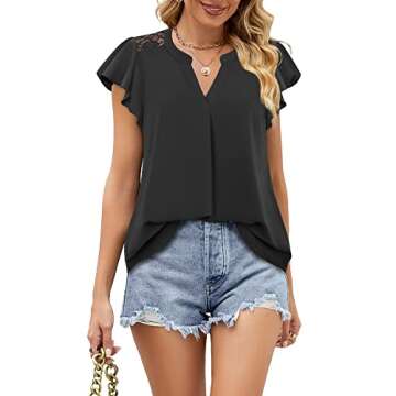 Gaharu Chiffon Shirt Blouse, Women's Stylish Flutter Sleeve Lace Top Pleated Casual Solid Color Tunic Fitted V Neck T Shirts Black,L
