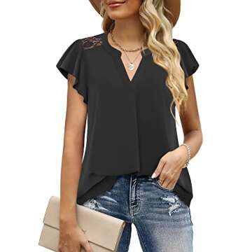 Gaharu Chiffon Shirt Blouse, Women's Stylish Flutter Sleeve Lace Top Pleated Casual Solid Color Tunic Fitted V Neck T Shirts Black,L