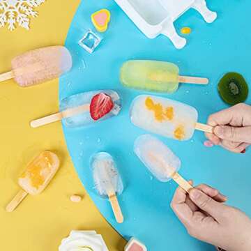 Upgraded 2 Pack Large Popsicle Molds, 4 Cavities Homemade Silicone Popsicle Molds & Ice Cake Pop Mold with 50 Wooden Sticks & 30 Self-adhesive Bags for DIY Ice Popsicle, Clear