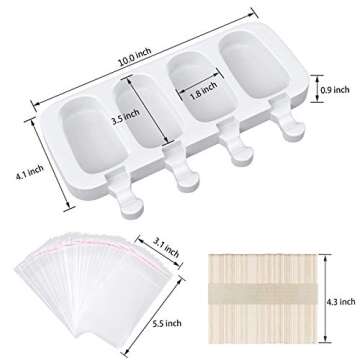 Upgraded 2 Pack Large Popsicle Molds, 4 Cavities Homemade Silicone Popsicle Molds & Ice Cake Pop Mold with 50 Wooden Sticks & 30 Self-adhesive Bags for DIY Ice Popsicle, Clear