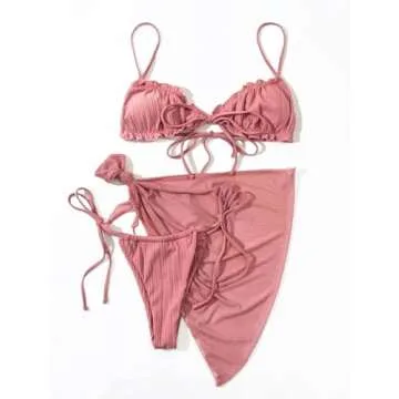 Lilosy Sexy 3 Piece Skirt Cover Ups Bikini Set Ruffle Ribbed G String Tie Triangle Thong Coverups Swimsuit Women High Cut Cheeky Brazilian Bottom Bathing Suit Dark Pink Medium