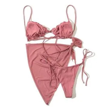 Lilosy Sexy 3 Piece Skirt Cover Ups Bikini Set Ruffle Ribbed G String Tie Triangle Thong Coverups Swimsuit Women High Cut Cheeky Brazilian Bottom Bathing Suit Dark Pink Medium