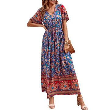 PRETTYGARDEN Women's Casual Summer Boho Floral Print Dress V Neck Short Sleeve High Waist Long Maxi ...