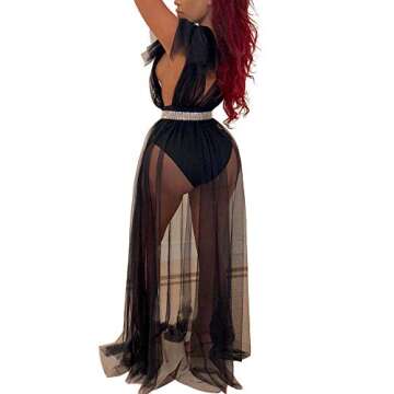 Womens Sexy Black Sheer Mesh See Through Party Maxi Dress Beach Cover Ups 2XL