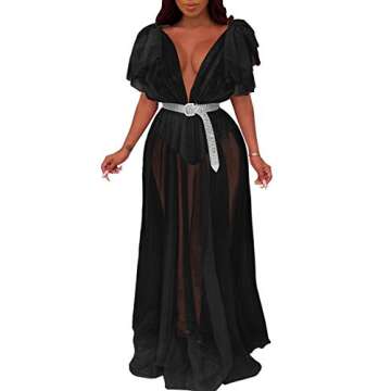 Womens Sexy Black Sheer Mesh See Through Party Maxi Dress Beach Cover Ups 2XL