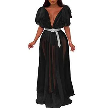 Womens Sexy Black Sheer Mesh See Through Party Maxi Dress Beach Cover Ups 2XL