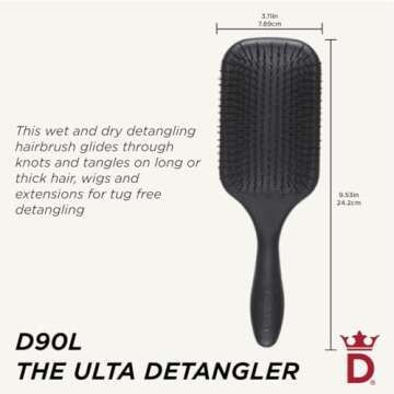 Denman Tangle Tamer Ultra (Black) Detangling Paddle Brush For Curly Hair And Black Natural Hair - use with both Wet & Dry Hair, D90L