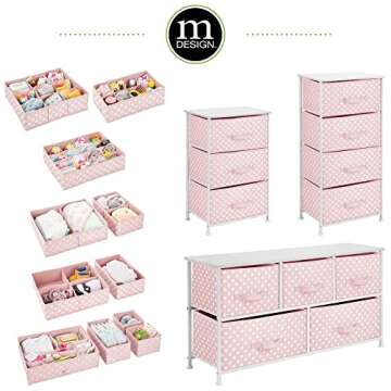 mDesign Set of 5 Storage Boxes – Kids Storage Ideal for Baby Clothes and Diapers – Also Suitable as Toy Storage Unit – Light Pink and White