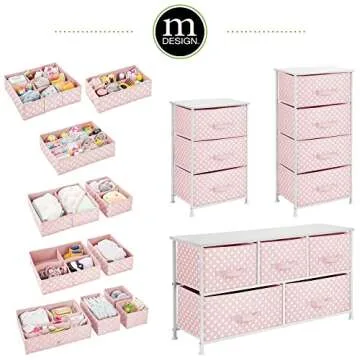 mDesign Set of 5 Storage Boxes – Kids Storage Ideal for Baby Clothes and Diapers – Also Suitable as Toy Storage Unit – Light Pink and White