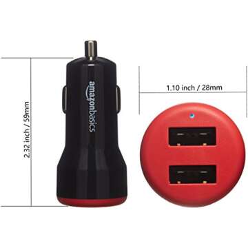 Amazon Basics 24W Two-Port USB-A Car Charger for Phones (iPhone 16/15/14/13/12/11/X, Samsung, and more), non-PPS, Black/Red