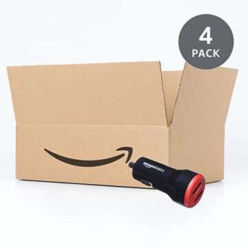 Amazon Basics 24W Two-Port USB-A Car Charger for Phones (iPhone 16/15/14/13/12/11/X, Samsung, and more), non-PPS, Black/Red