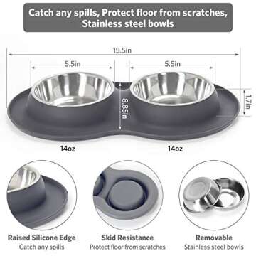 Kulmeo Dog Food Bowl Cat Food Bowls Stainless Steel Dog Food and Water Bowls with Non Skid Silicone Mat Spill Proof Puppy Bowl 14oz (M, Grey)